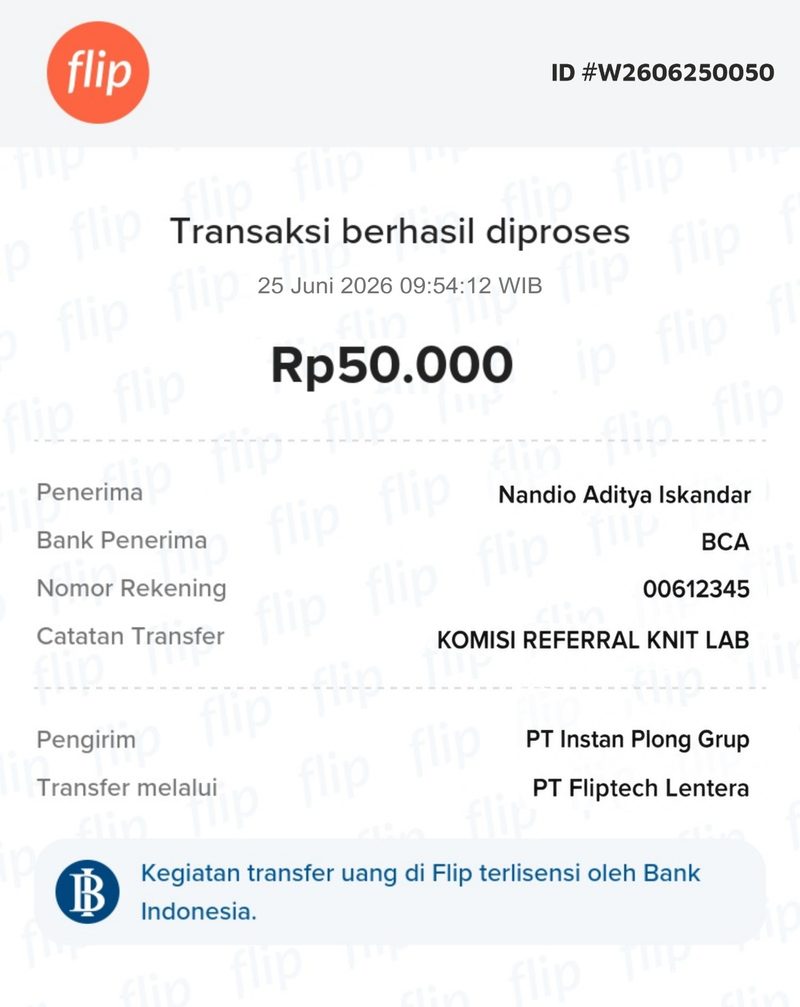 Bukti transfer komisi referral Rp50.000 via Flip