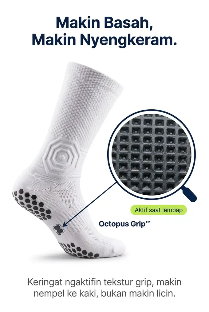 Dual-Grip moisture-activated: makin basah makin nyengkeram, keringat mengaktifkan tekstur grip