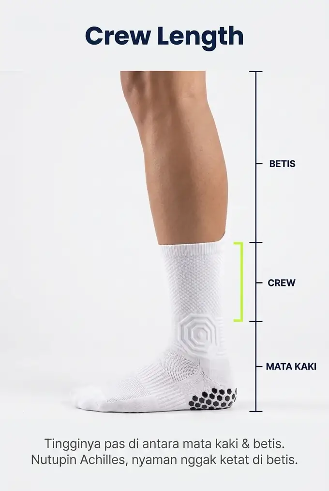 Crew length: sock dipakai di kaki, tingginya pas antara mata kaki & betis