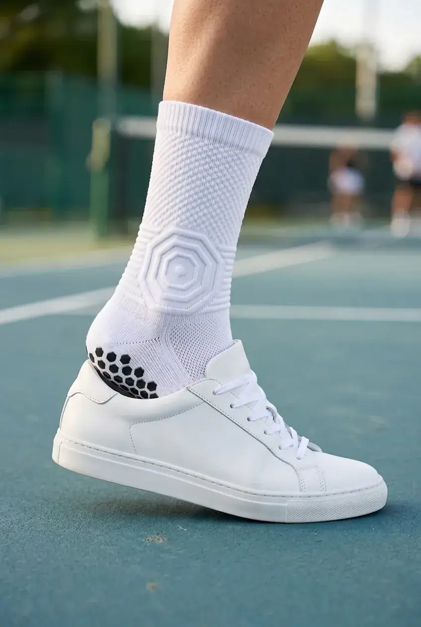Kaos kaki Knit Lab dipakai di sepatu tenis, court-side