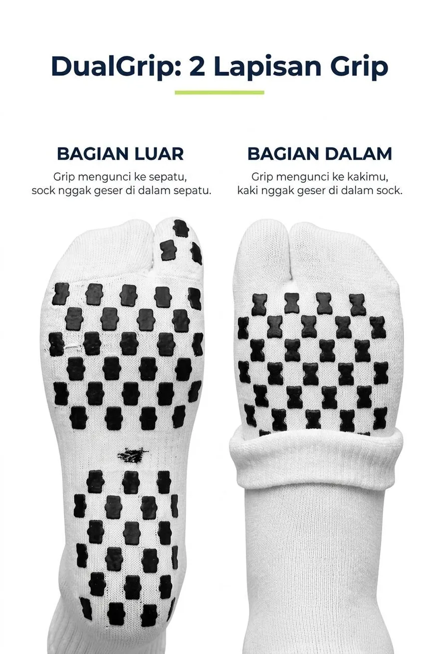 Dua lapisan grip: bagian luar mengunci ke sepatu, bagian dalam mengunci ke kaki