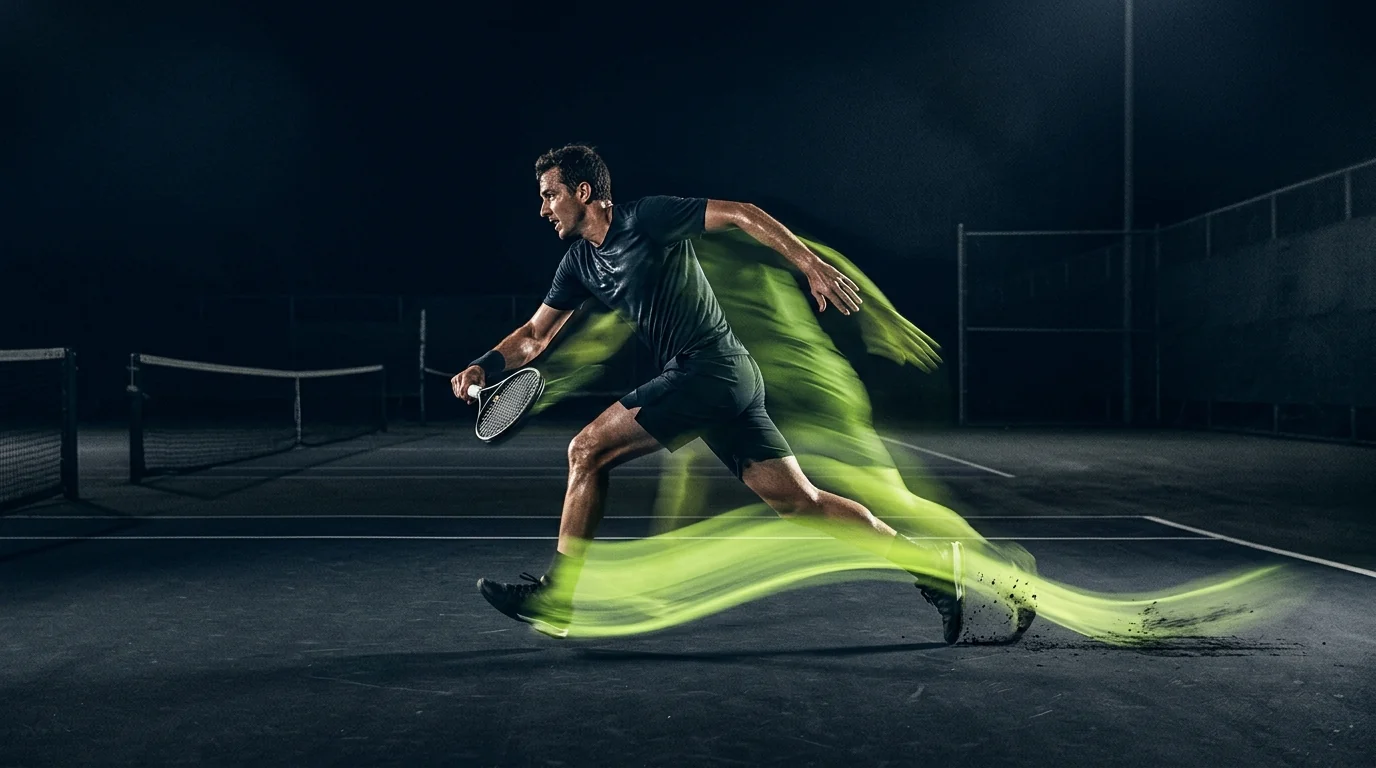 Pemain tenis lari mengejar bola dengan jejak gerak hijau yang tertinggal jauh di belakang badannya