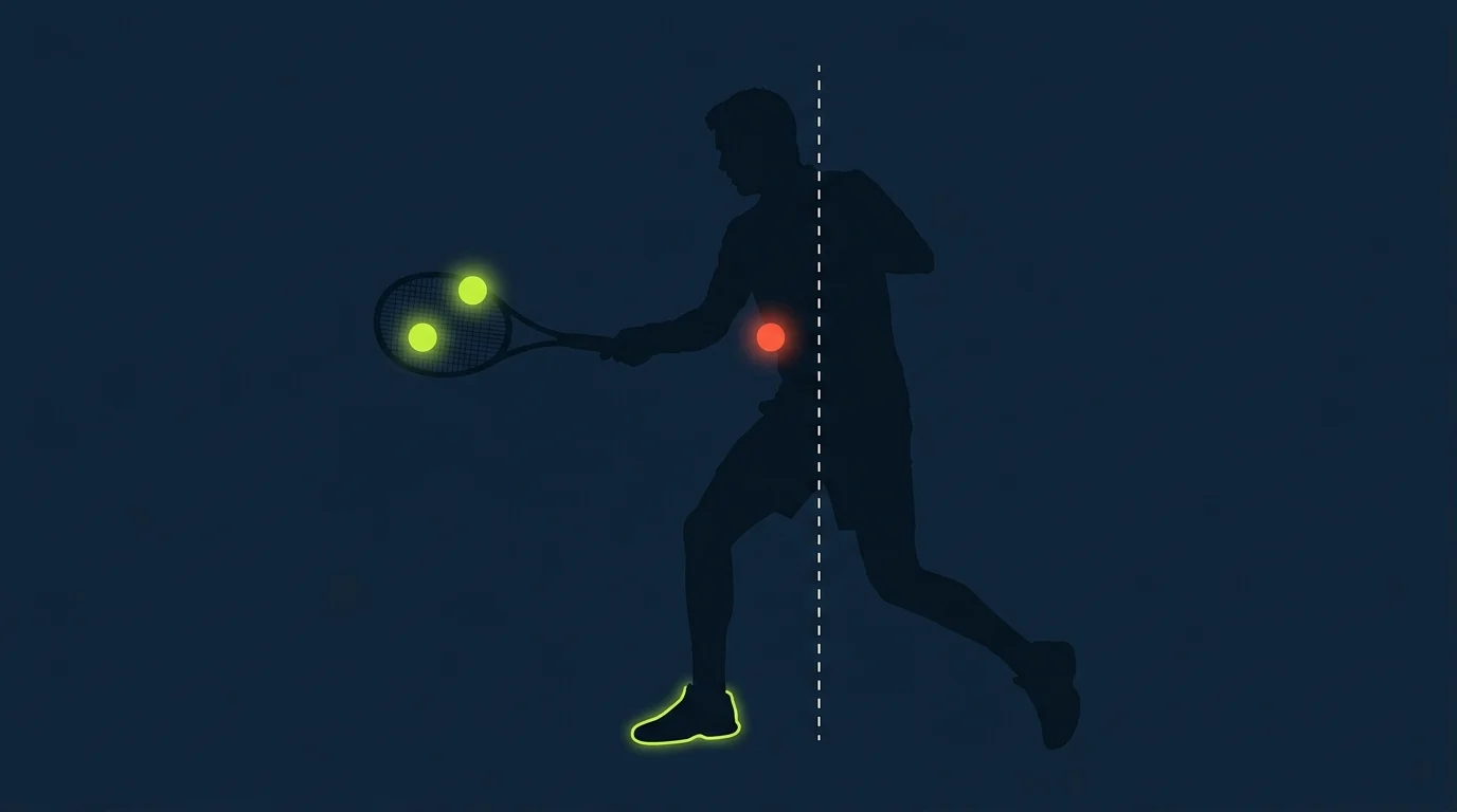 Pemain tenis dilihat dari samping, titik kontak hijau di depan badan dan titik kontak merah yang kegeret mepet ke badan